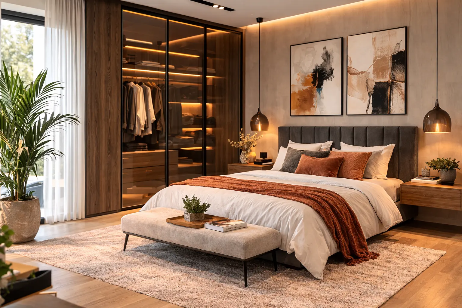 armarios a medida en dormitorio moderno con puertas correderas de madera oscura