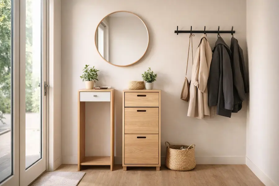 decorar recibidor pequeño con mueble recibidor y espejo moderno