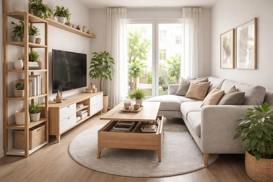 decorar salón pequeño moderno bien aprovechado con muebles funcionales y estilo nórdico contemporáneo