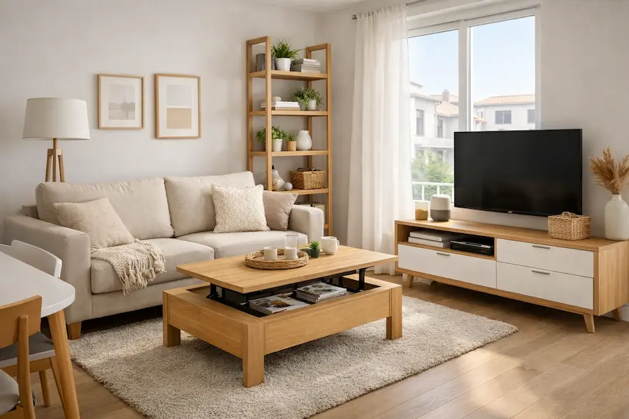 salón moderno en piso pequeño con sofá compacto y muebles funcionales que aprovechan el espacio