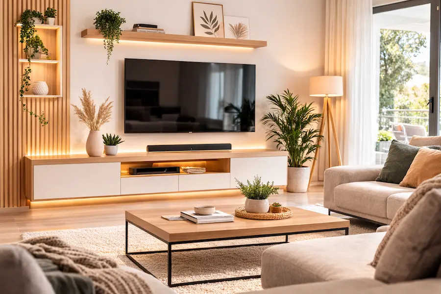 Mueble tv moderno de madera clara en salón luminoso estilo nórdico